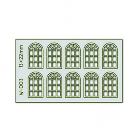 PW-003 - 10 pcs 13X22mm 14 Pane Arched Windows H0/00