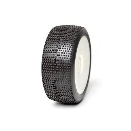 AKA14021XRW - AKA P-One 1:8 Buggy Tyre Soft Longwear on white Evo Wheels (2)