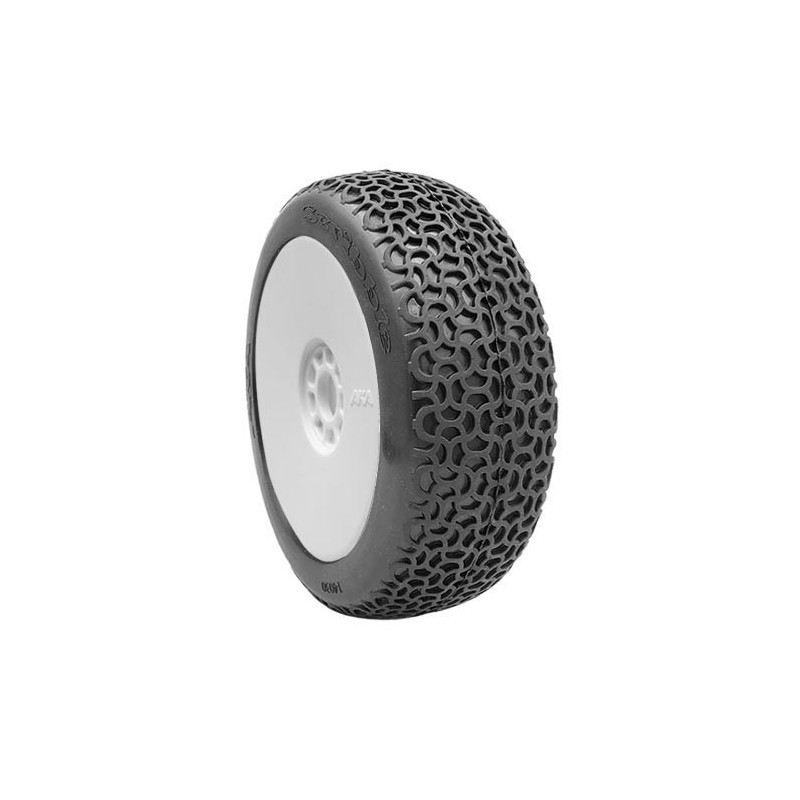 AKA14030XRW - AKA Scribble 1:8 Buggy Tyre Soft Longwear on white Evo Wheels (2)