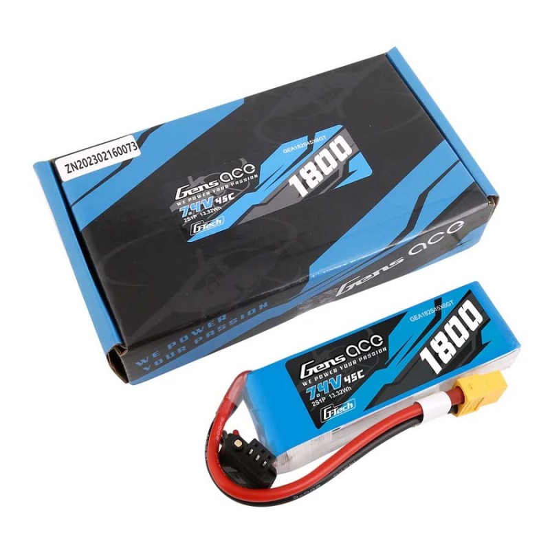 GE1-1800-2X6GT - GensAce Soaring LiPo 2S 7.4V-1800-45C(XT60) 90x30x17mm 111g G-Tech